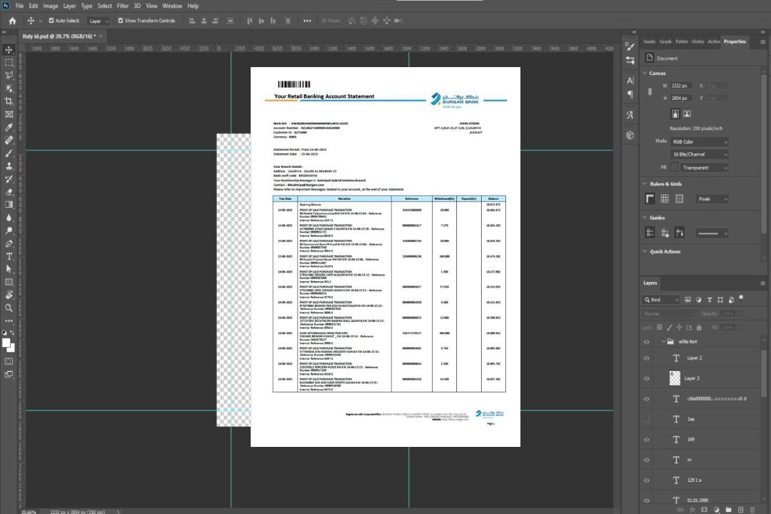 Relevé de compte de détail de la Koweït Burgan Bank Modèle Word et PDF template
